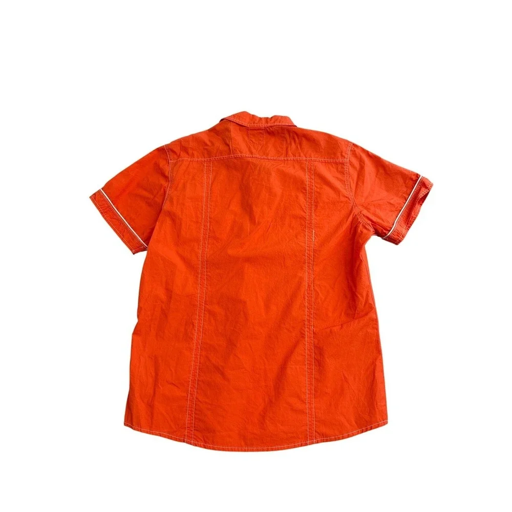 True Religion Mens Orange Short Sleeve Button Down Shirt Contrast Stitch Large